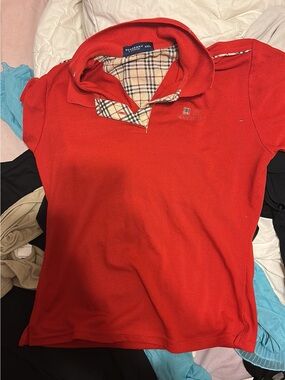 Burberry Red Short-Sleeve Button Down Polo with Iconic Check Trim
